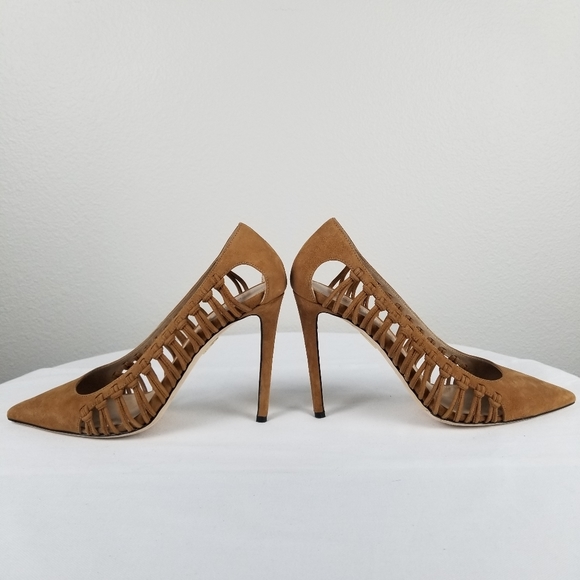 Tamara Mellon Tan Neutral Suede Braided Pointed Toe Pump Heels Size 8 - Picture 7 of 12